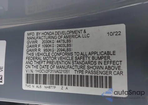 2022 Honda Accord Sport 2.0T z USA, uszkodzony, nr VIN 1HGCV2F31NA021051